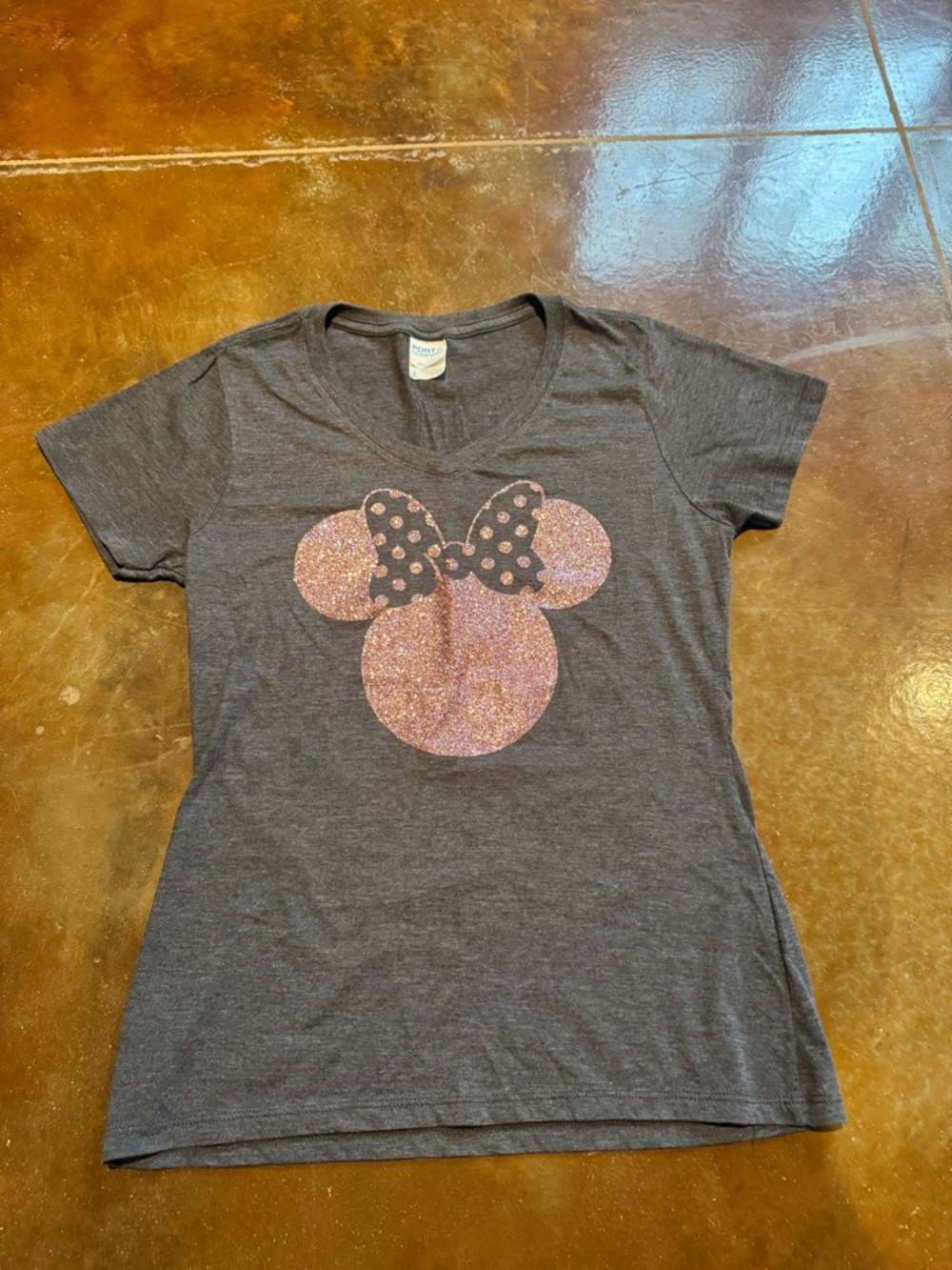 Women’s Small Sparkle Minnie Mouse  Short Sleeve Tee - Gray with Pink Glitter